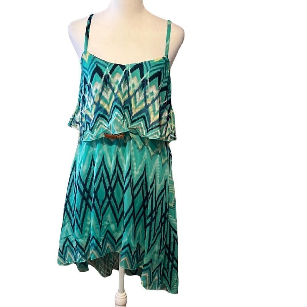 NWT Lily Rose szS blue & green belted elastic waist flowy top high low hem